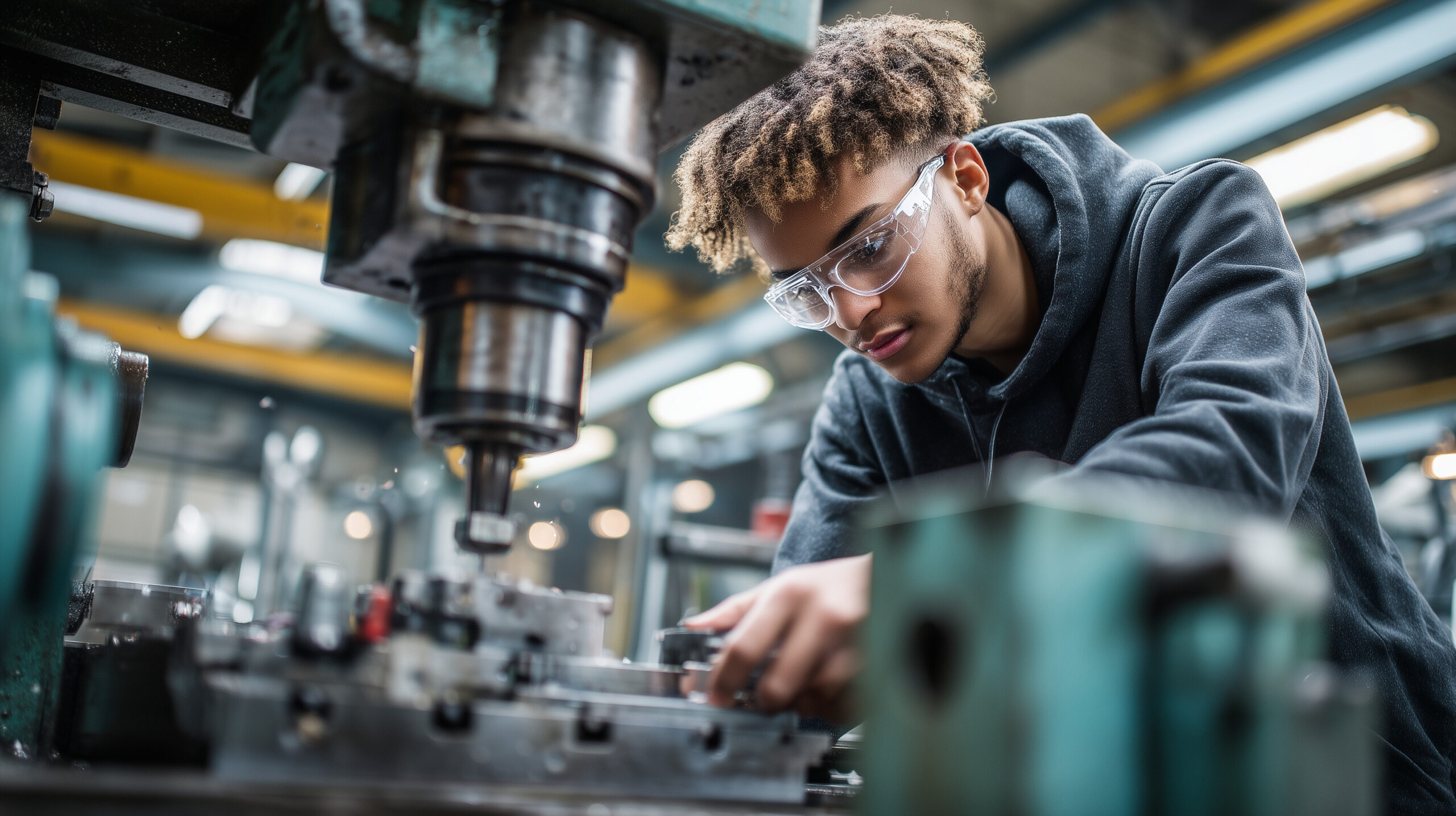Young apprentice wearing protective eyewear machining metal part in industrial workshop during professional skills training - AI generated