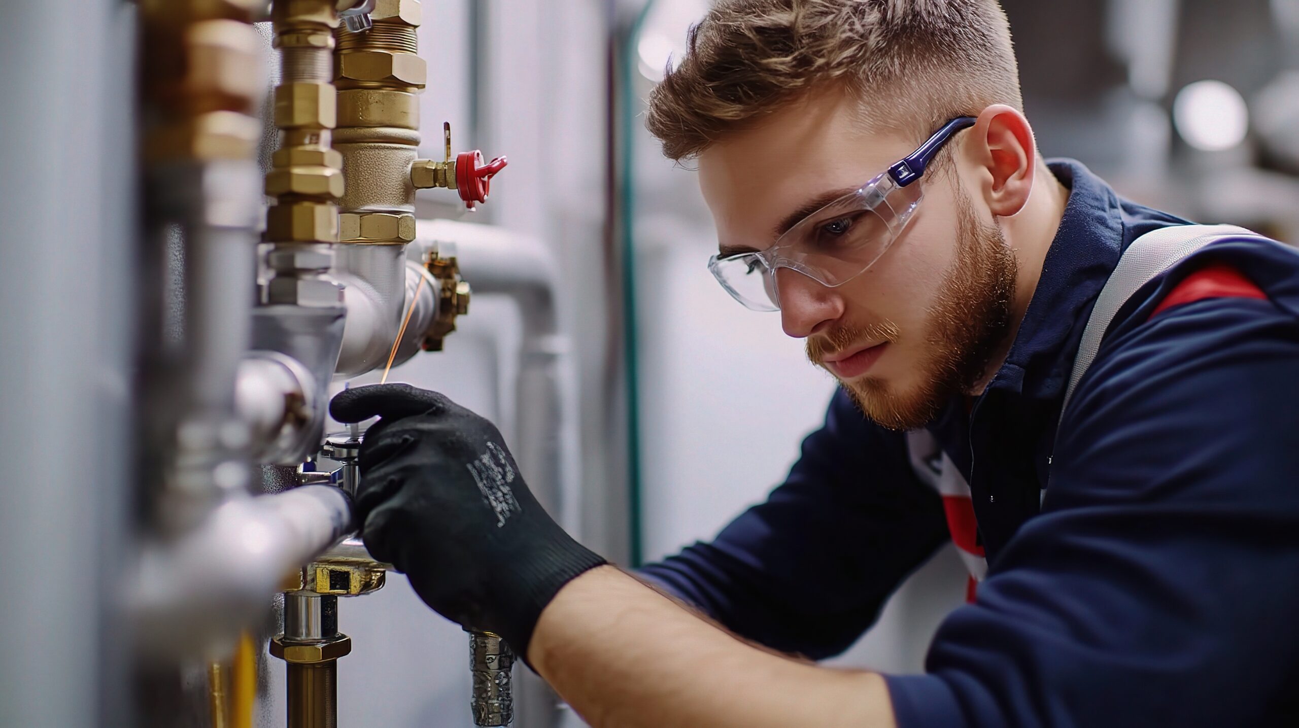 Young apprentice plumber learning to solder pipes under supervision, showcasing hands-on training, copy space, High quality, + --ar 16:9 --v 6.1 Job ID: 0919ecb3-955a-4e64-a910-181f8b1cd179